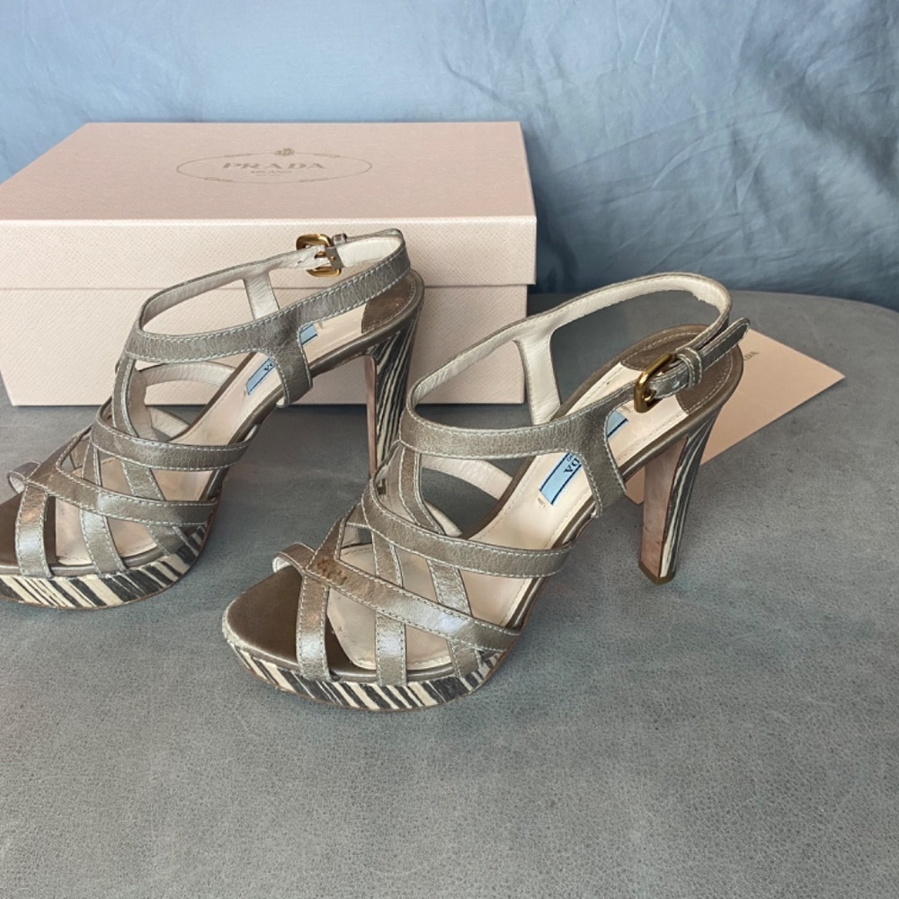 Prada Platform Stiletto Strappy Sandals with striped wooden heals - Picture 2 of 9